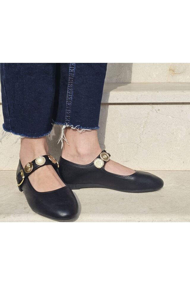 İnci Taşlı Mary Jane Yuvarlak Burun Günlük Trend Rahat Babet Siyah Cilt - 40