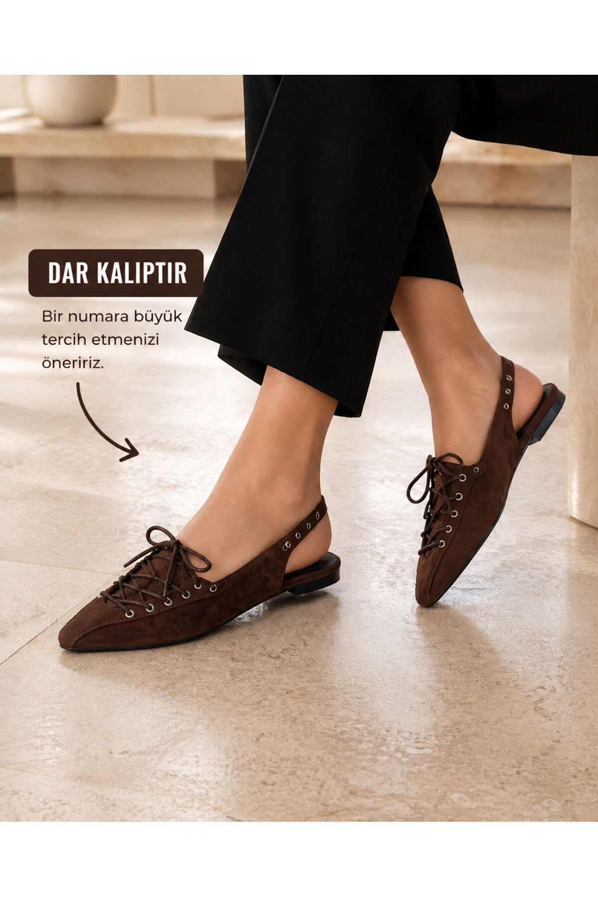 Kadın Süet Bağcıklı Slingback Babet Sivri Burun Arkası Açık Günlük Ayakkabı