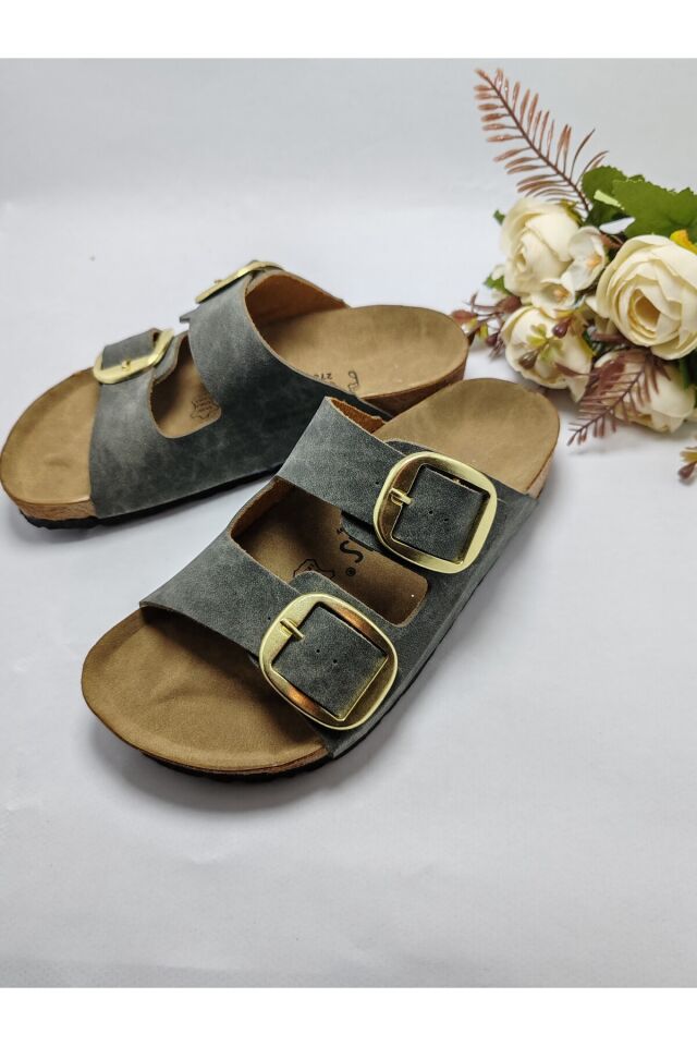 Mantar Taban Arızona Model Çift Tokalı Ortopedik Terlik Haki - 39