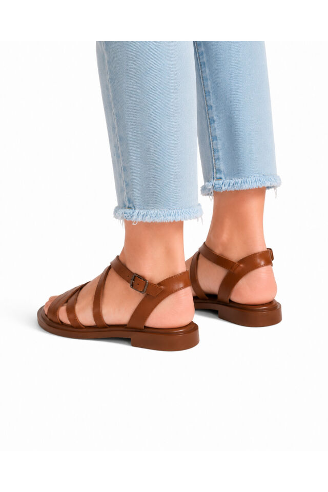 Rahat Taban Çok Bantlı Bilekten Tokalı Yazlık Gladyatör Model Düz Taban Sandalet Taba - 38