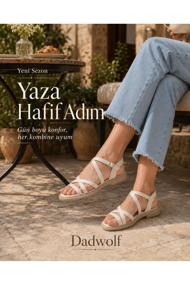 Rahat Taban Çok Bantlı Bilekten Tokalı Yazlık Gladyatör Model Düz Taban Sandalet Bej - 36