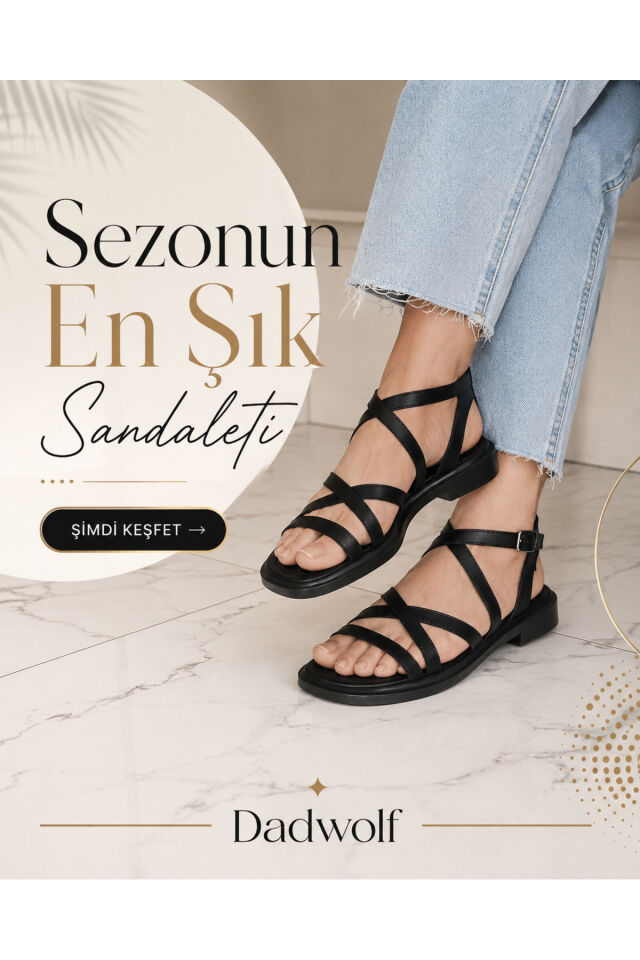 Rahat Taban Çok Bantlı Bilekten Tokalı Yazlık Gladyatör Model Düz Taban Sandalet Siyah - 40
