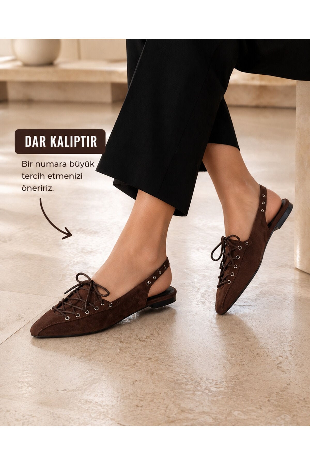 Kadın Süet Bağcıklı Slingback Babet Sivri Burun Arkası Açık Günlük Ayakkabı Kahverengi Süet - 40