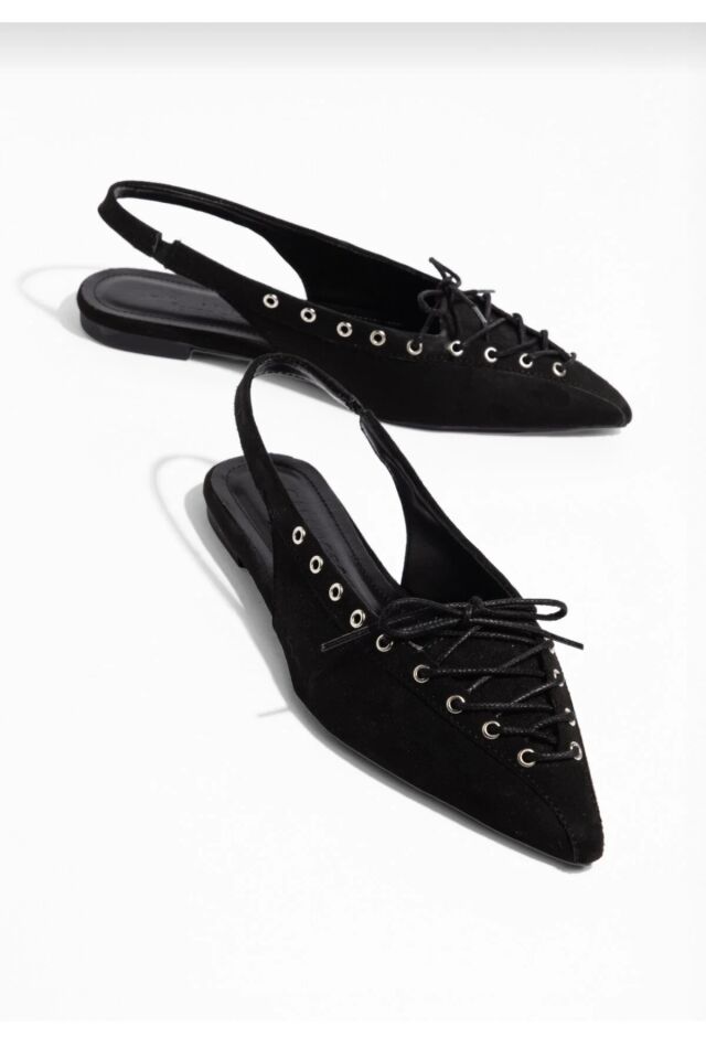 Kadın Süet Bağcıklı Slingback Babet Sivri Burun Arkası Açık Günlük Ayakkabı Siyah Süet - 38