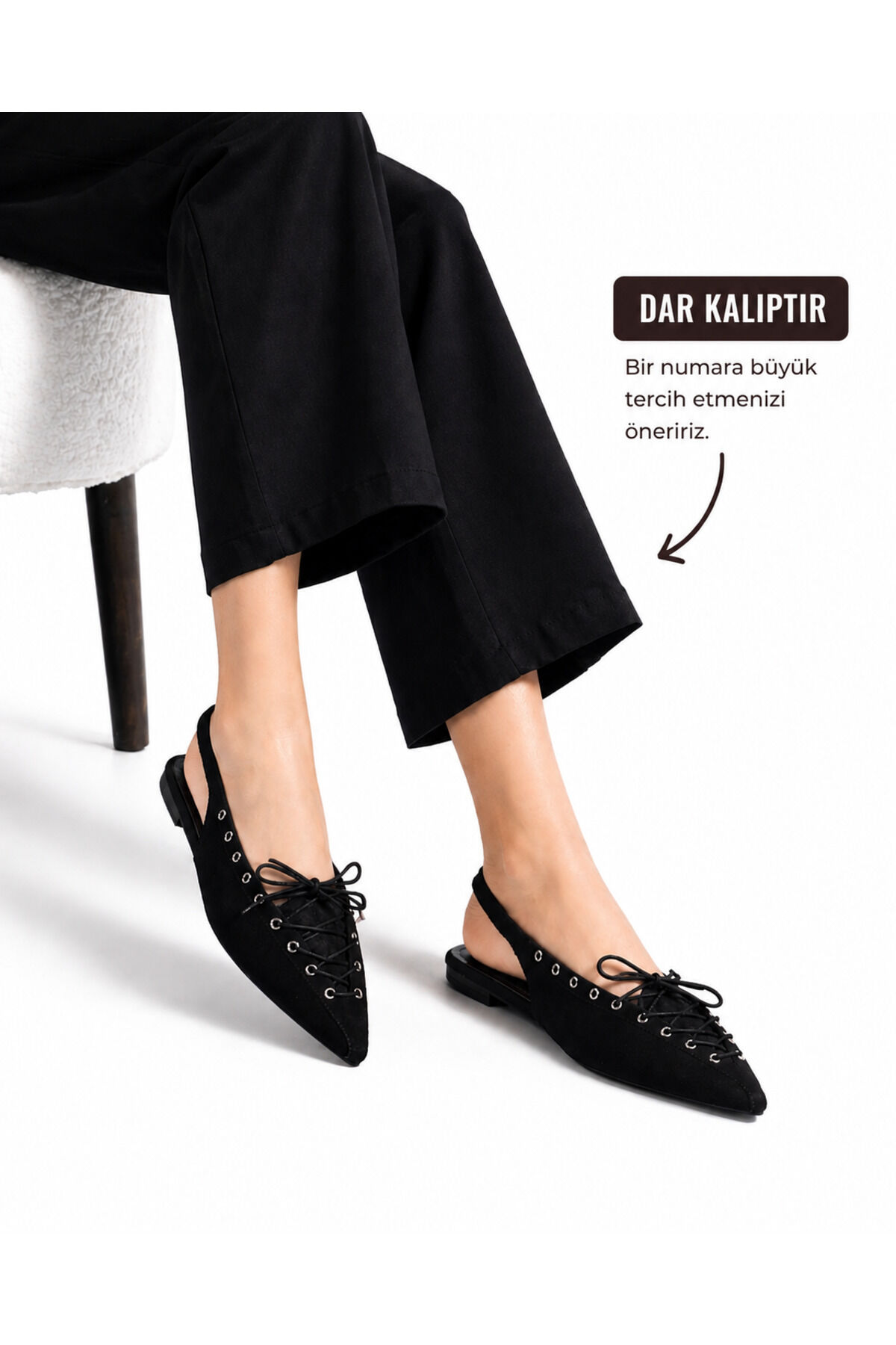 Kadın Süet Bağcıklı Slingback Babet Sivri Burun Arkası Açık Günlük Ayakkabı Siyah Süet - 40