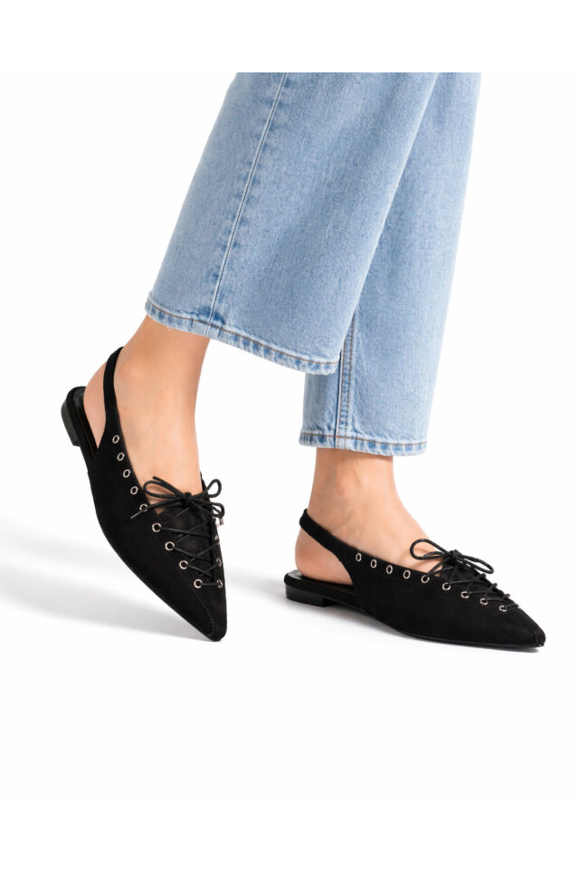 Kadın Süet Bağcıklı Slingback Babet Sivri Burun Arkası Açık Günlük Ayakkabı Siyah Süet - 40