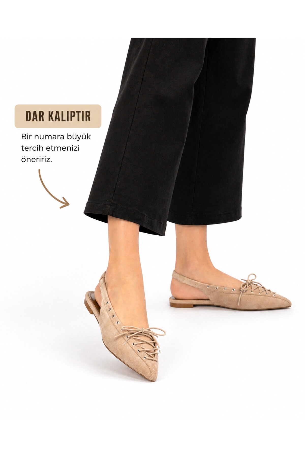 Kadın Süet Bağcıklı Slingback Babet Sivri Burun Arkası Açık Günlük Ayakkabı Bej Süet - 38