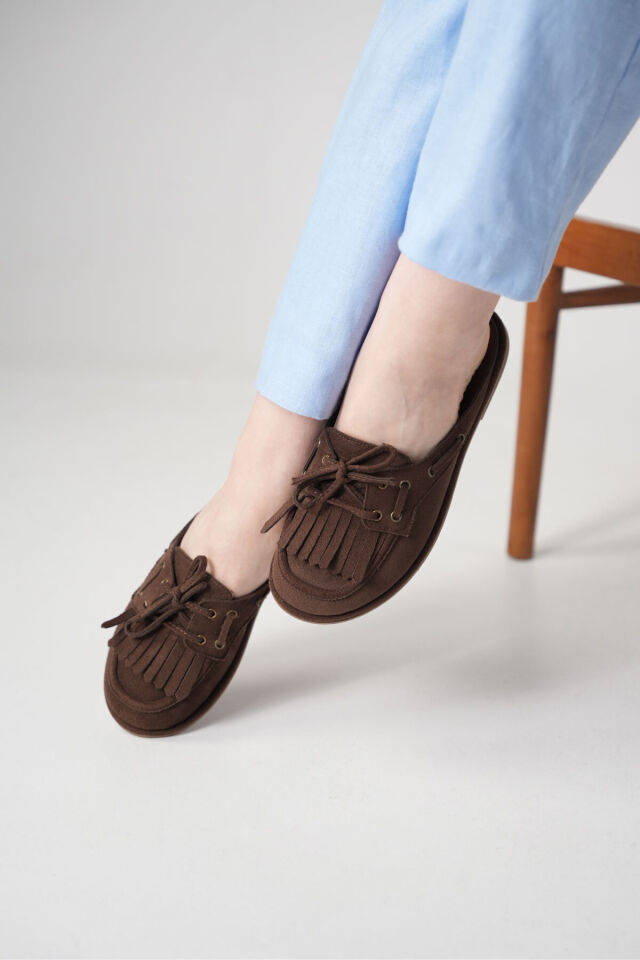 Süet Loafer Terlik Püsküllü Bağcıklı Günlük Makosen Mule Sabo Terlik Kahverengi Süet - 37