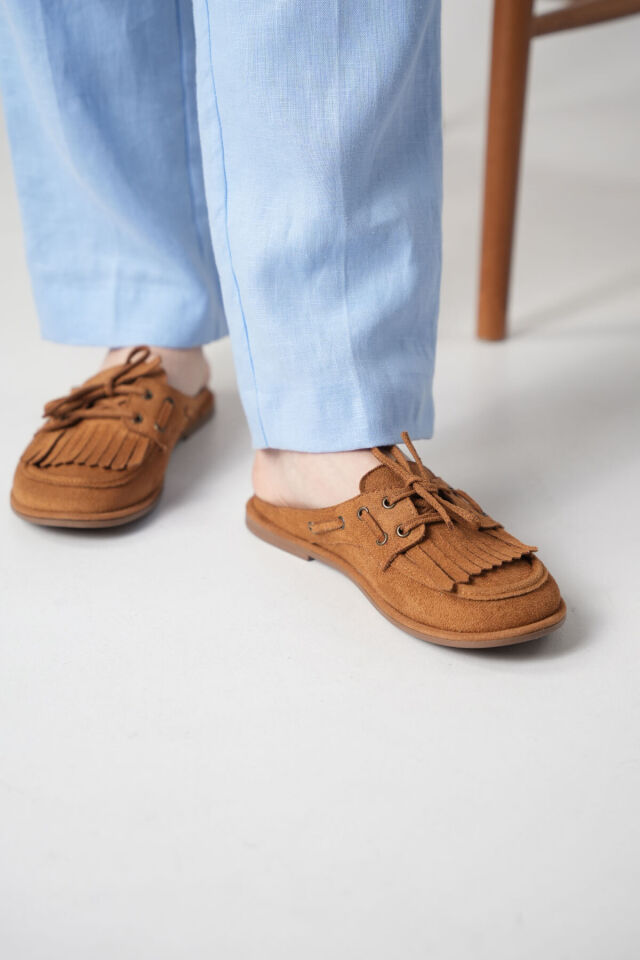Süet Loafer Terlik Püsküllü Bağcıklı Günlük Makosen Mule Sabo Terlik Taba Süet - 38