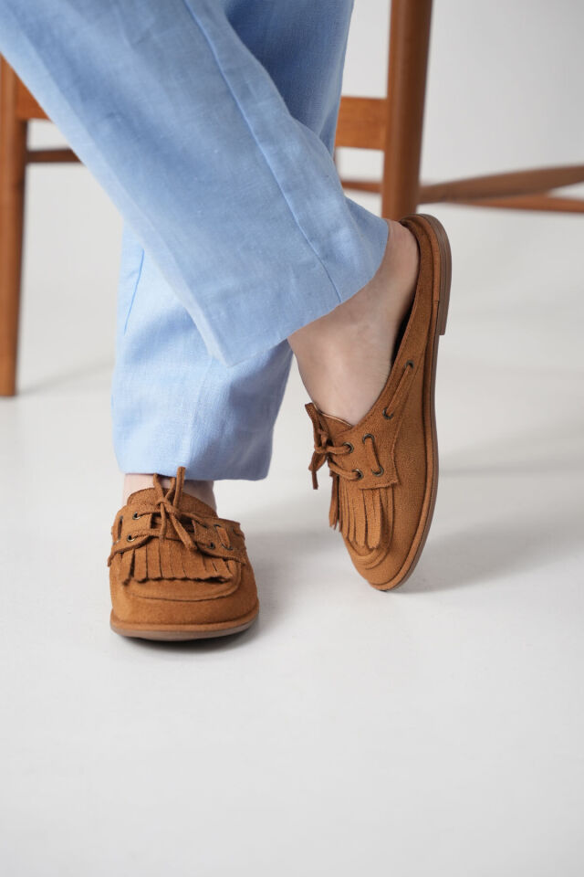 Süet Loafer Terlik Püsküllü Bağcıklı Günlük Makosen Mule Sabo Terlik Taba Süet - 38