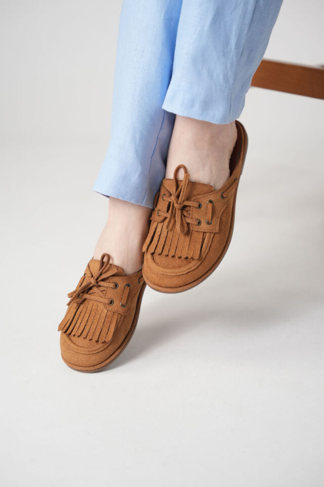 Süet Loafer Terlik Püsküllü Bağcıklı Günlük Makosen Mule Sabo Terlik Taba Süet - 36