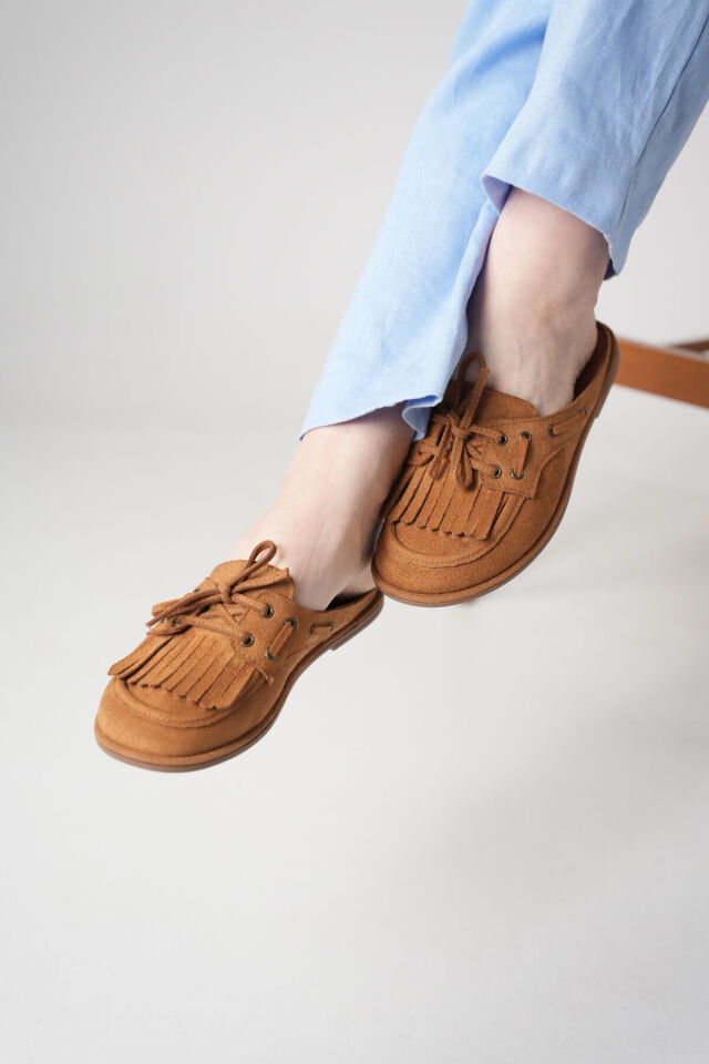 Süet Loafer Terlik Püsküllü Bağcıklı Günlük Makosen Mule Sabo Terlik Taba Süet - 36