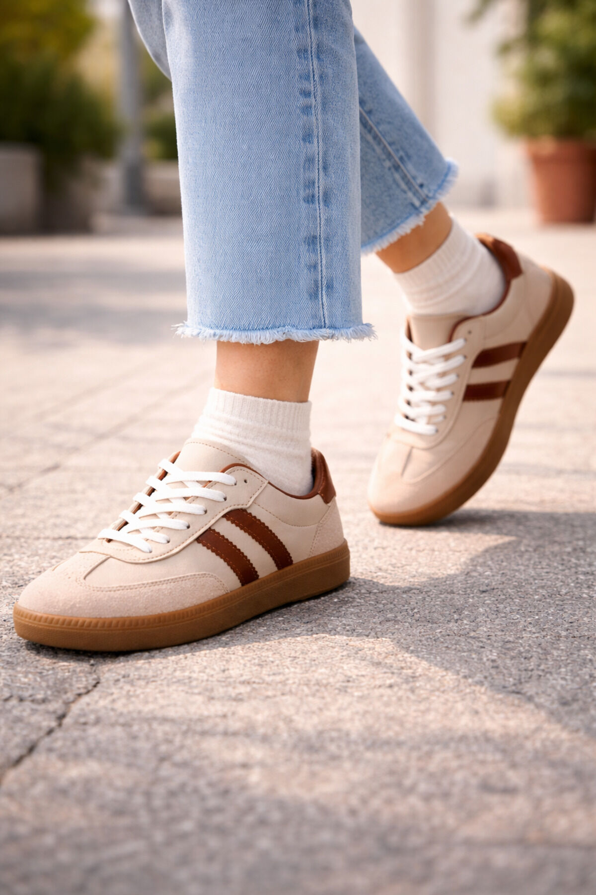 retro sneaker spor ayakkabı kadın günlükB75806 Renkli Rahat Hafif Günlük Yürüyüş Ayakkabısı Bej Taba Kahverengi - 40