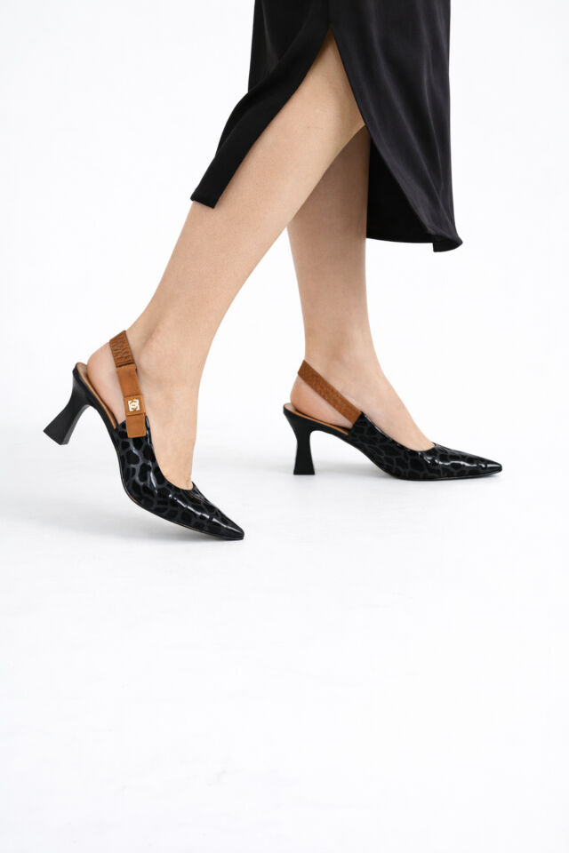 Kadın Slingback Topuklu Ayakkabı Sivri Burun 5,5 cm Orta Topuk Bantlı Zarif Günlük Ofis Stiletto Siyah Siyah - 40