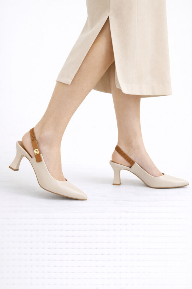 Kadın Slingback Topuklu Ayakkabı Sivri Burun 5,5 cm Orta Topuk Bantlı Zarif Günlük Ofis Stiletto Bej - 39