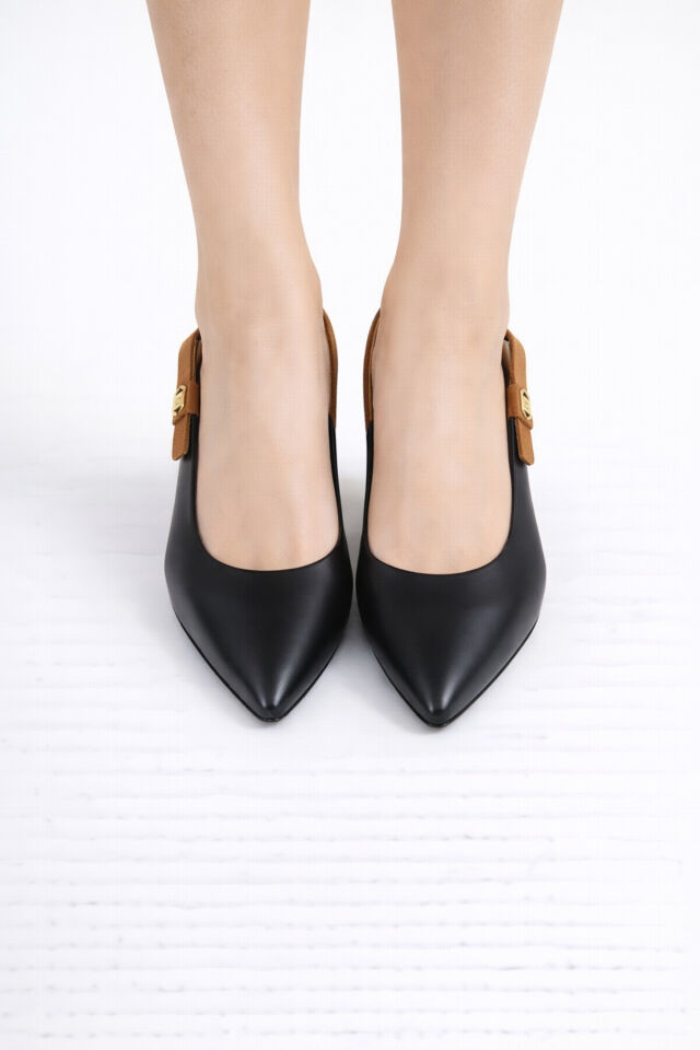 Kadın Slingback Topuklu Ayakkabı Sivri Burun 5,5 cm Orta Topuk Bantlı Zarif Günlük Ofis Stiletto Siyah - 39