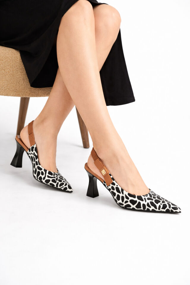 Kadın Slingback Topuklu Ayakkabı Sivri Burun 5,5 cm Orta Topuk Bantlı Zarif Günlük Ofis Stiletto Siyah Beyaz - 36