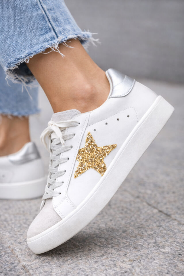 Yıldızlı Sneaker Golden Ghost Super Star Ball Star Hi Star Running Sole Dad Star Rahat Hakiki Deri Beyaz Altın Gold - 39