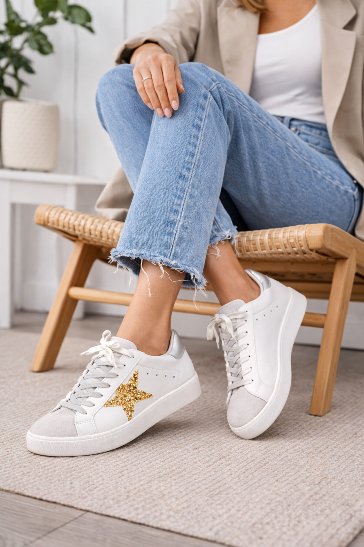 Yıldızlı Sneaker Golden Ghost Super Star Ball Star Hi Star Running Sole Dad Star Rahat Hakiki Deri Beyaz Altın Gold - 40