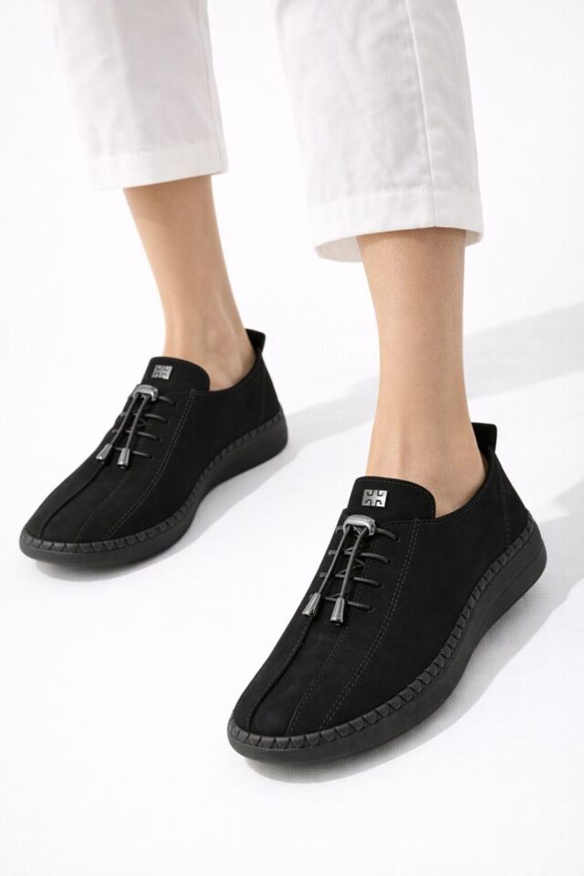 Comfort Sneaker Yumuşak Akıllı Bağcıklı Memory Taban Günlük Kaymaz Hafif Yürüyüş Ayakkabısı Siyah - 38
