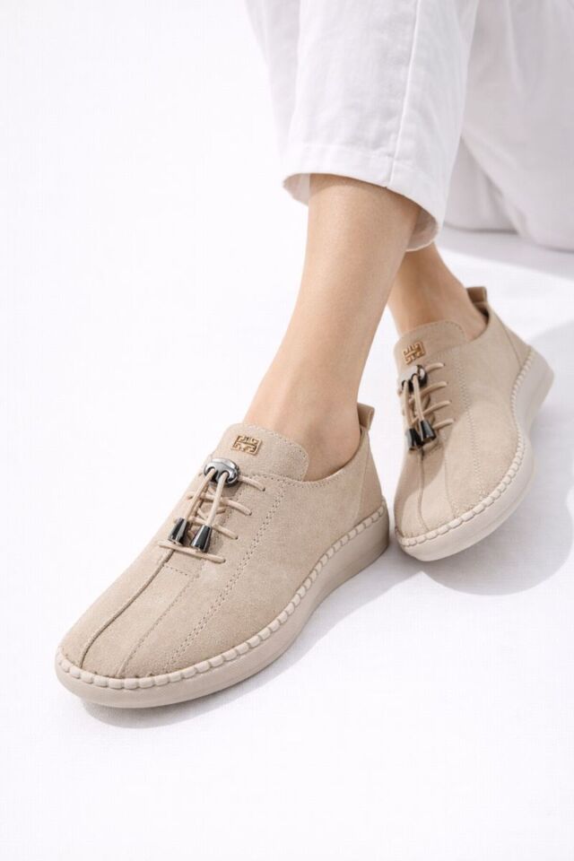 Comfort Sneaker Yumuşak Akıllı Bağcıklı Memory Taban Günlük Kaymaz Hafif Yürüyüş Ayakkabısı Bej - 36