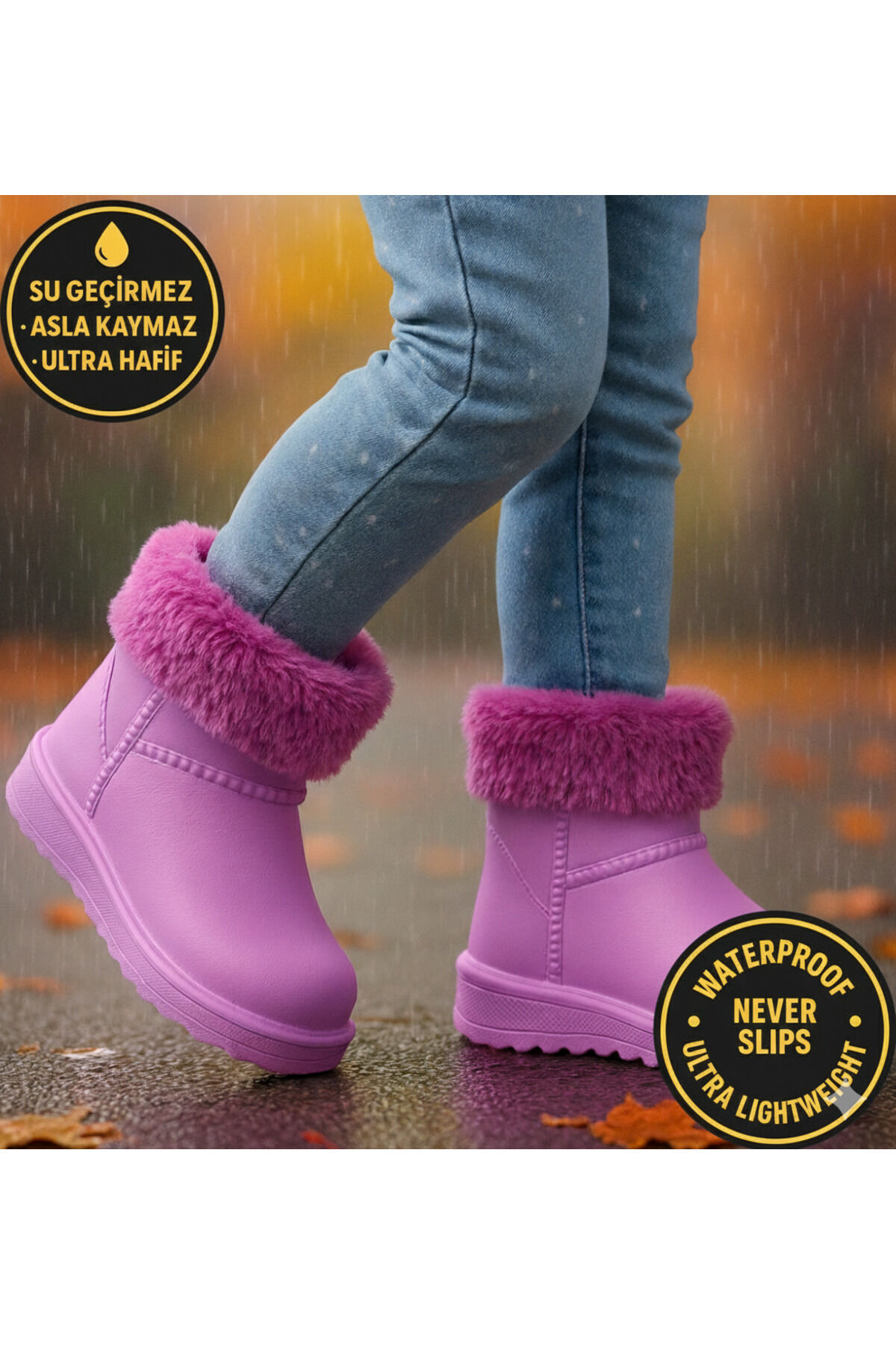 Çocuk Kışlık Kar Yağmur Botu– Su Geçirmez, Peluş Astarlı, EVA W10290-225 Tokio Borreguito Modeli Mor-Lila - 28-29