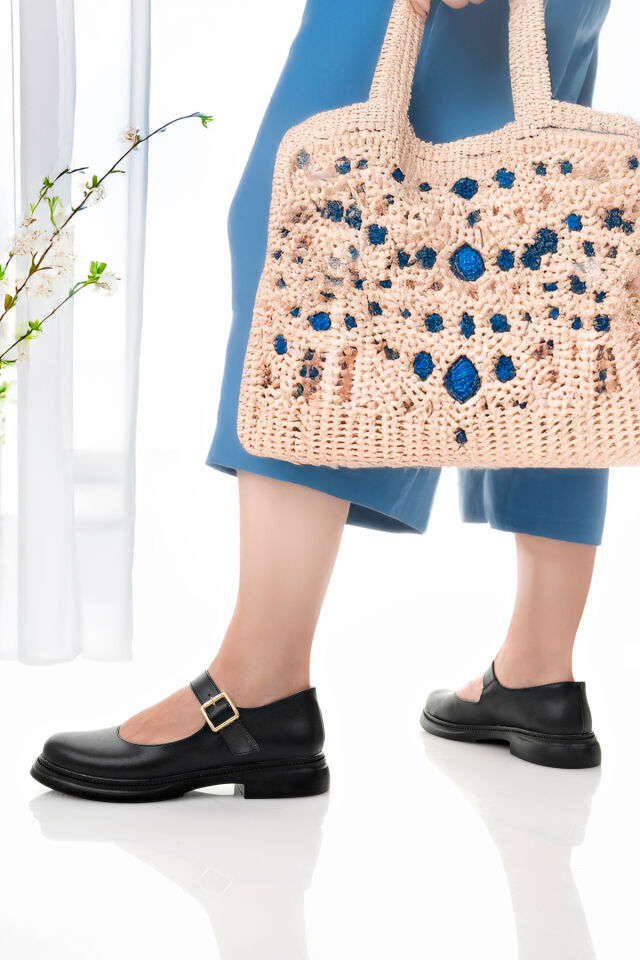 Mary Jane Mokosen Loafer Babet Günlük Rahat Hafif Trend Kemerli Babet Ayakkabı Siyah - 39