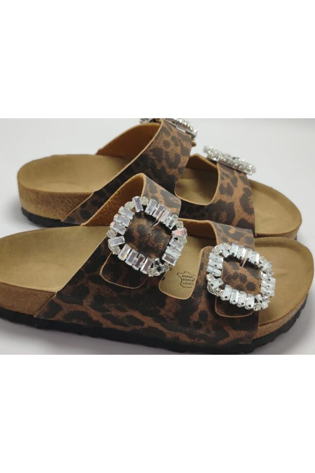 Leopar Taşlı Mantar Tabanlı Çift Tokalı Herşeyle Kombin Terlik Leopar - 39