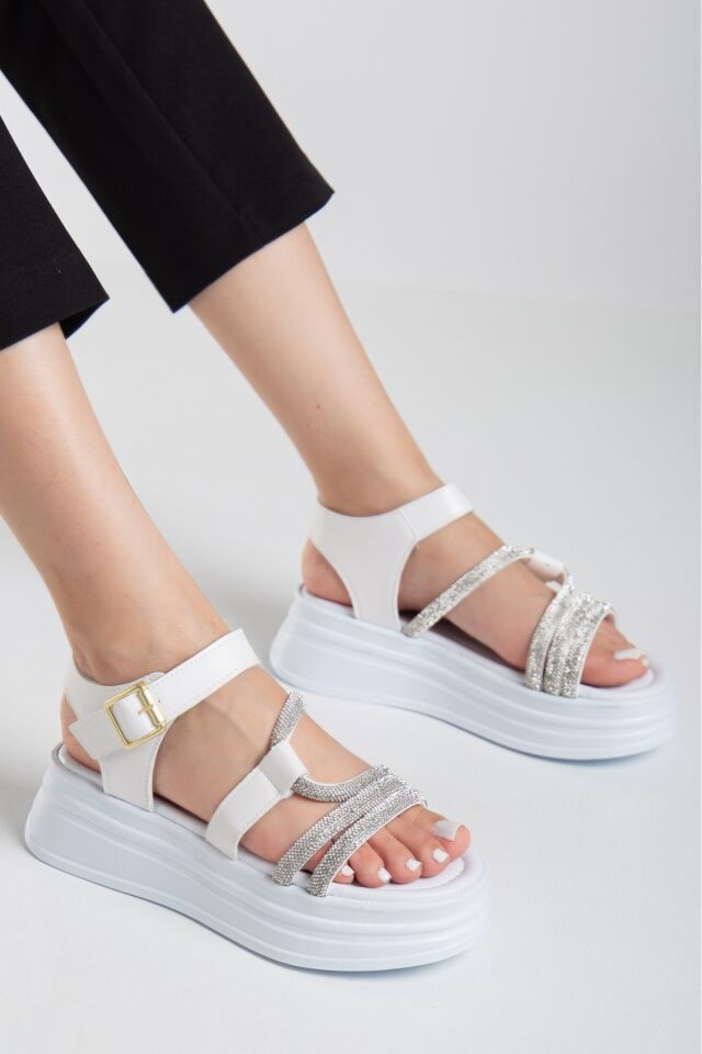 Taşlı Platform Dolgu Taban Sandalet Beyaz - 38
