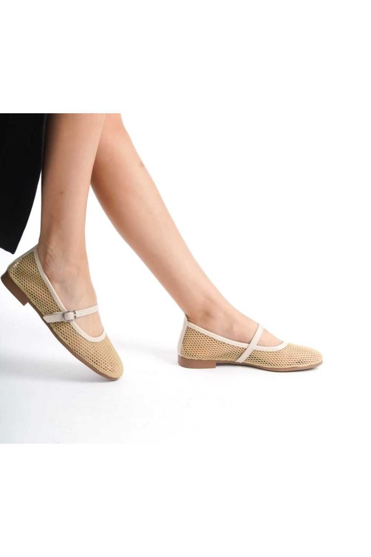 Modern Şık Günlük Yazlık Fileli Comfort Babet Bej - 37