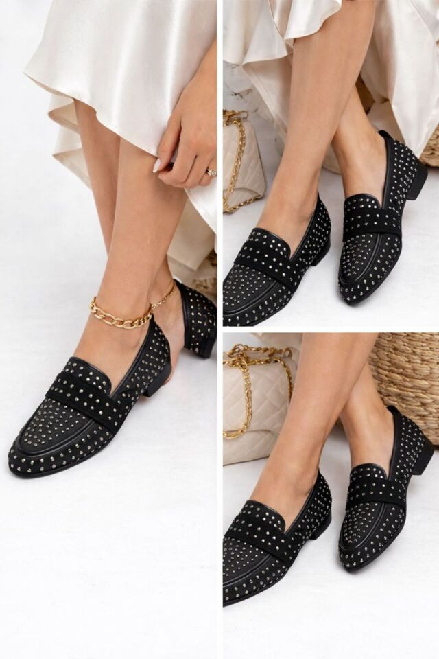 Kadın Taşlı Babet |Mery Ceyn Taşlı Küt Kare Loafer Şık Babet Siyah-Beyaz - 38