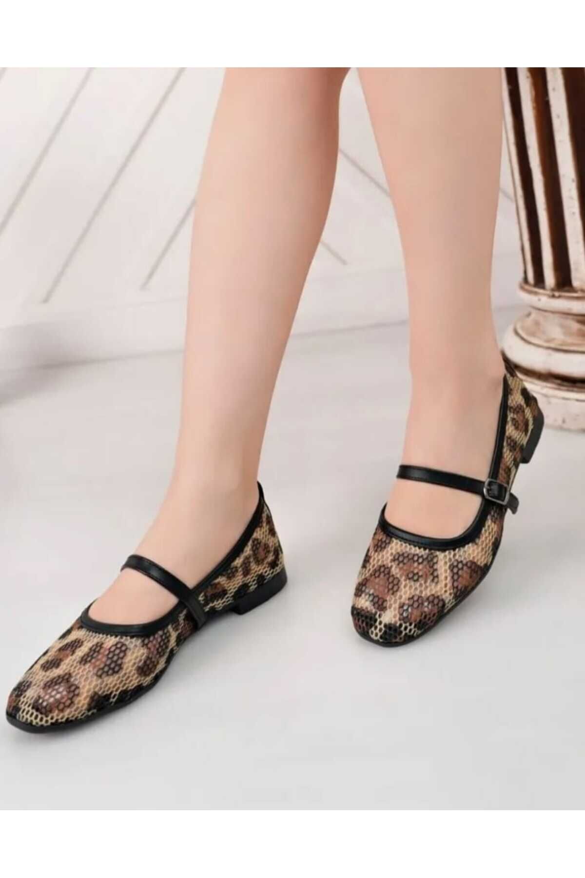 Leopar Fileli Şık Günlük Comfort Trend Rahat Meri Ceyn Babet Leopar Siyah - 40