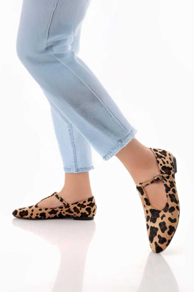 Kahverengi Rugan T-Strap Mary Jane Tasarım Babet Leopar - 38