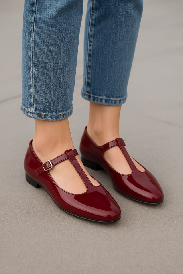 Kahverengi Rugan T-Strap Mary Jane Tasarım Babet Bordo - 40